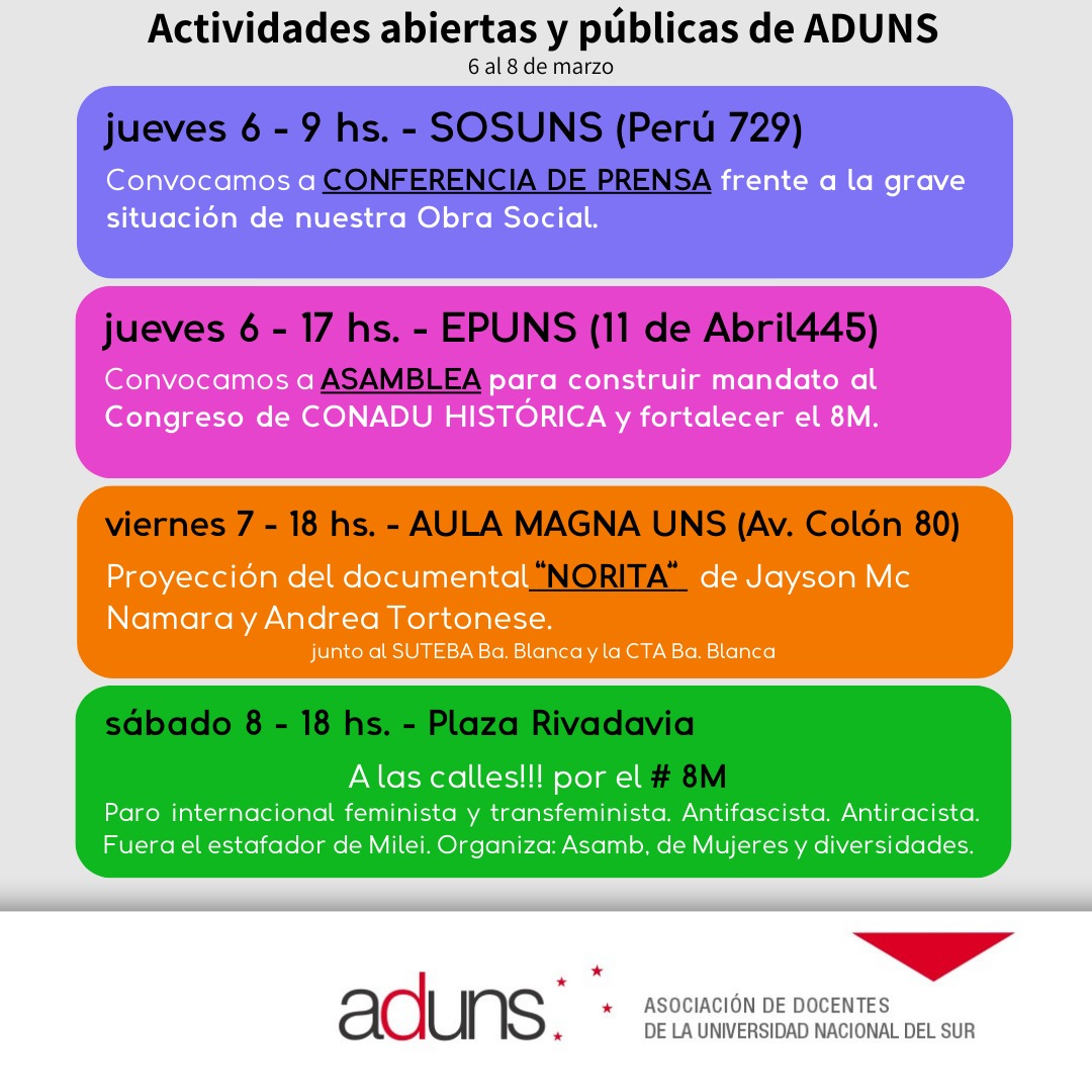 Actvidades abiertas y públicas de ADUNS del 6 al 8 de marzo