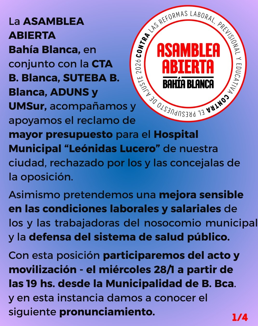APOYAMOS y ACOMPAÑAMOS el reclamo de mayor presupuesto para nuestro Hospital Municipal y su plante de trabajadrdores