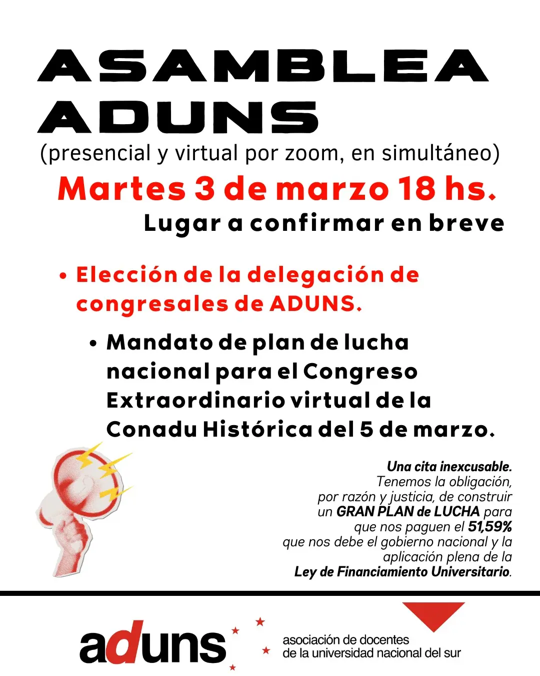 ASAMBLEA ADUNS Martes 3 de marzo - 18 hs. - lugar a confirmar en breve