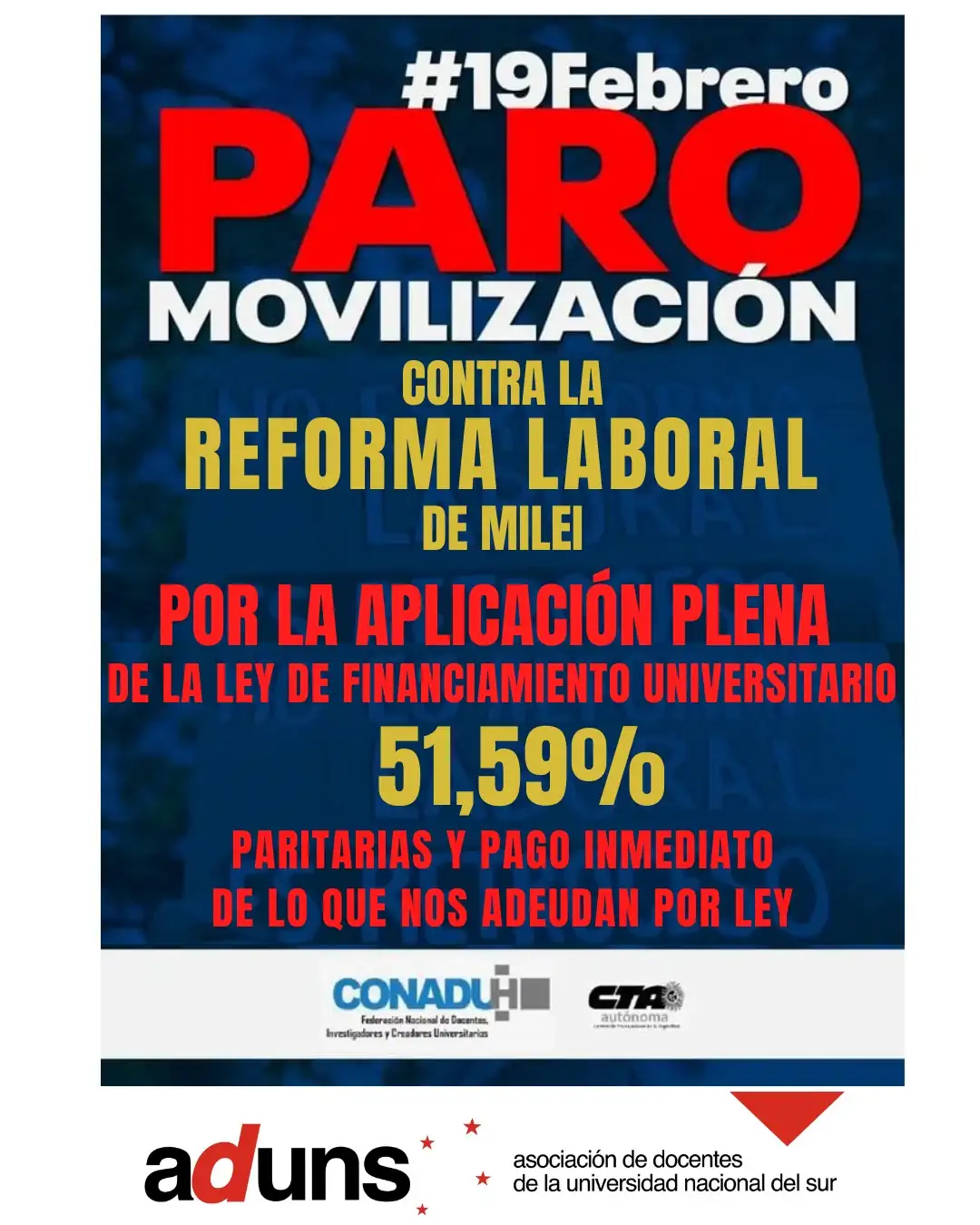 El 19F vamos al PARO y MOVILIZACIÓN en Bahía Blanca y el resto del país