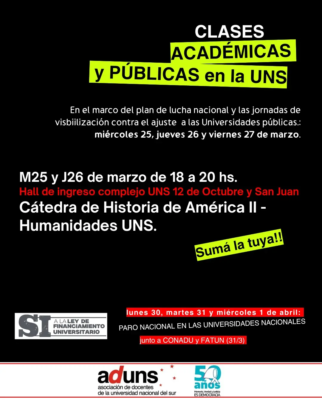 CLASES ACADÉMICAS y PÚBLICAS en la UNS