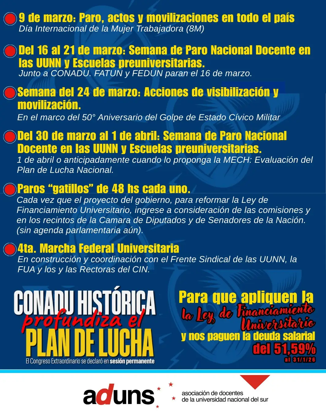 CONADU HISTÓRICA profundiza el plan de lucha por salario, presupuesto y aplicación inmediata de la Ley de Financiamiento Universitario