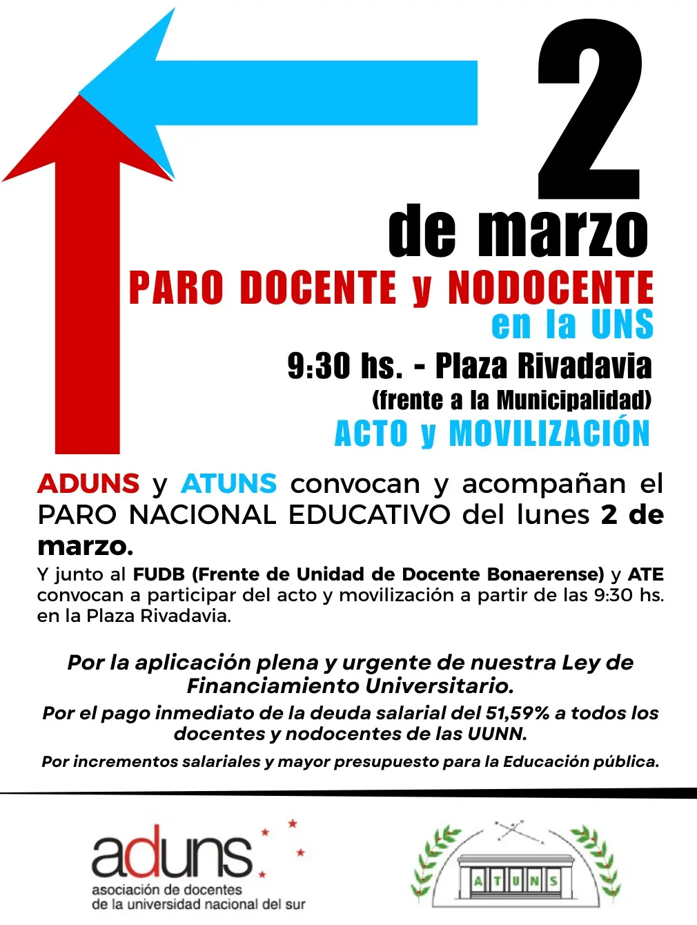 DOCENTES y NODOCENTES de la UNS paran y movilizan el 2 de marzo