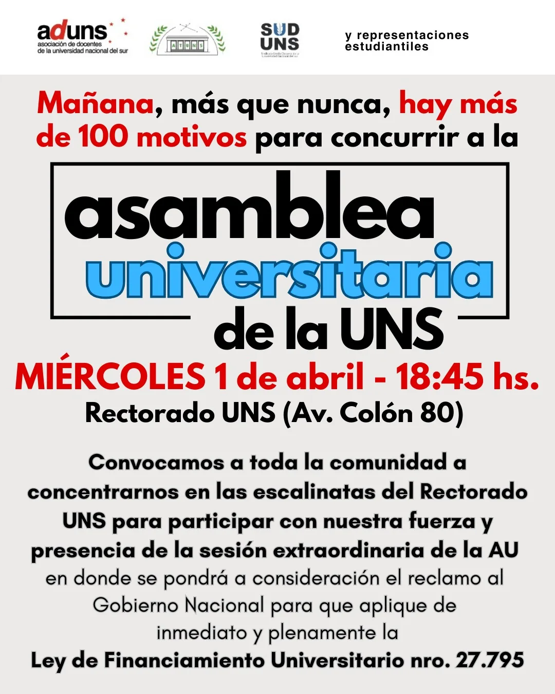 Mañana hay más de 100 motivos para concurrir a la ASAMBLEA UNIVERSITARIA de la UNS