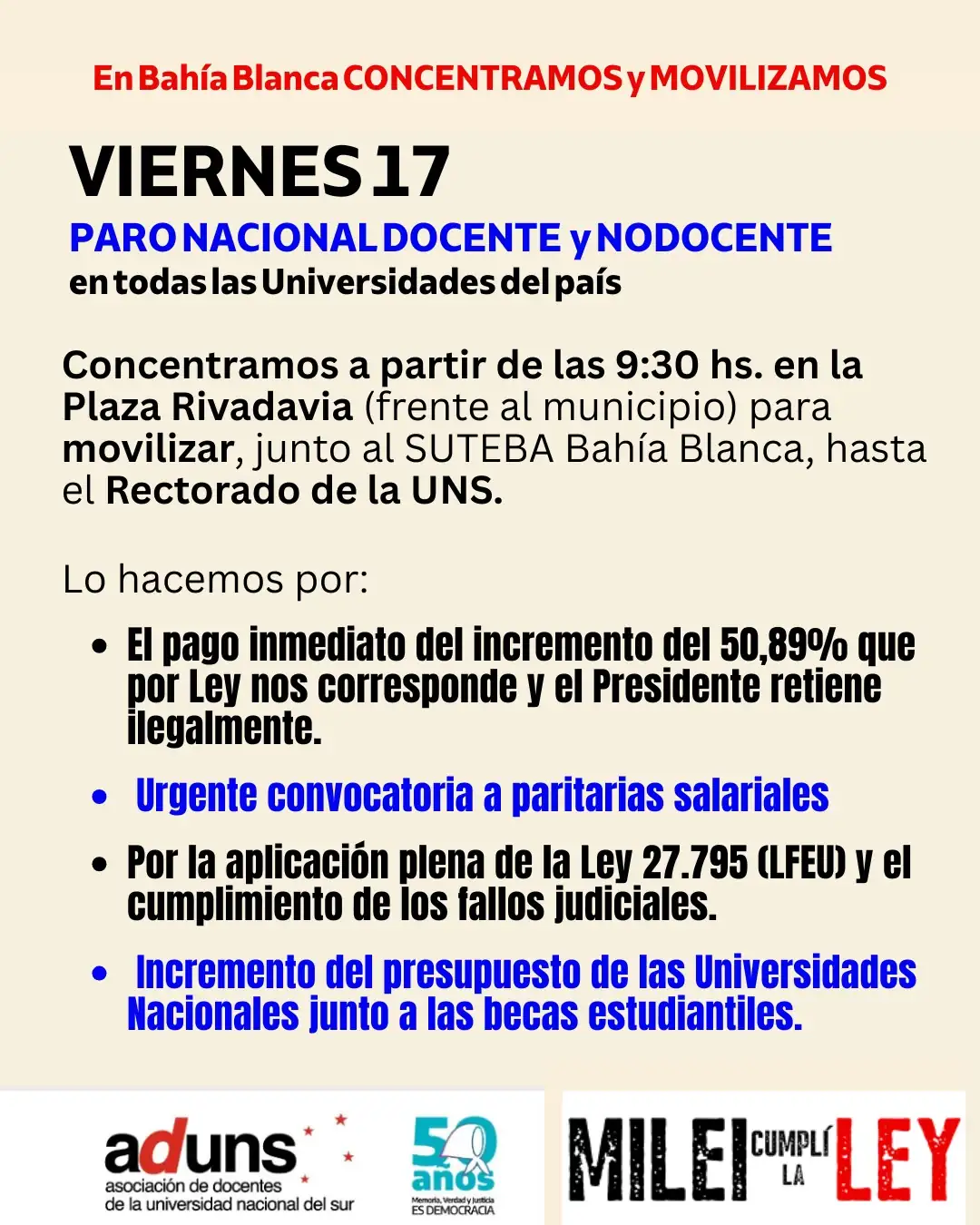 CONCENTRACIÓN, ACTO y MOVILIZACIÓN al Rectorado UNS