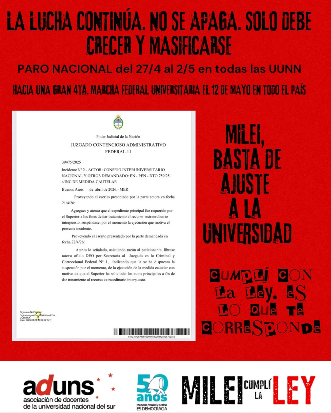 URGENTE (24 Ab 26 – 9:38 hs.)