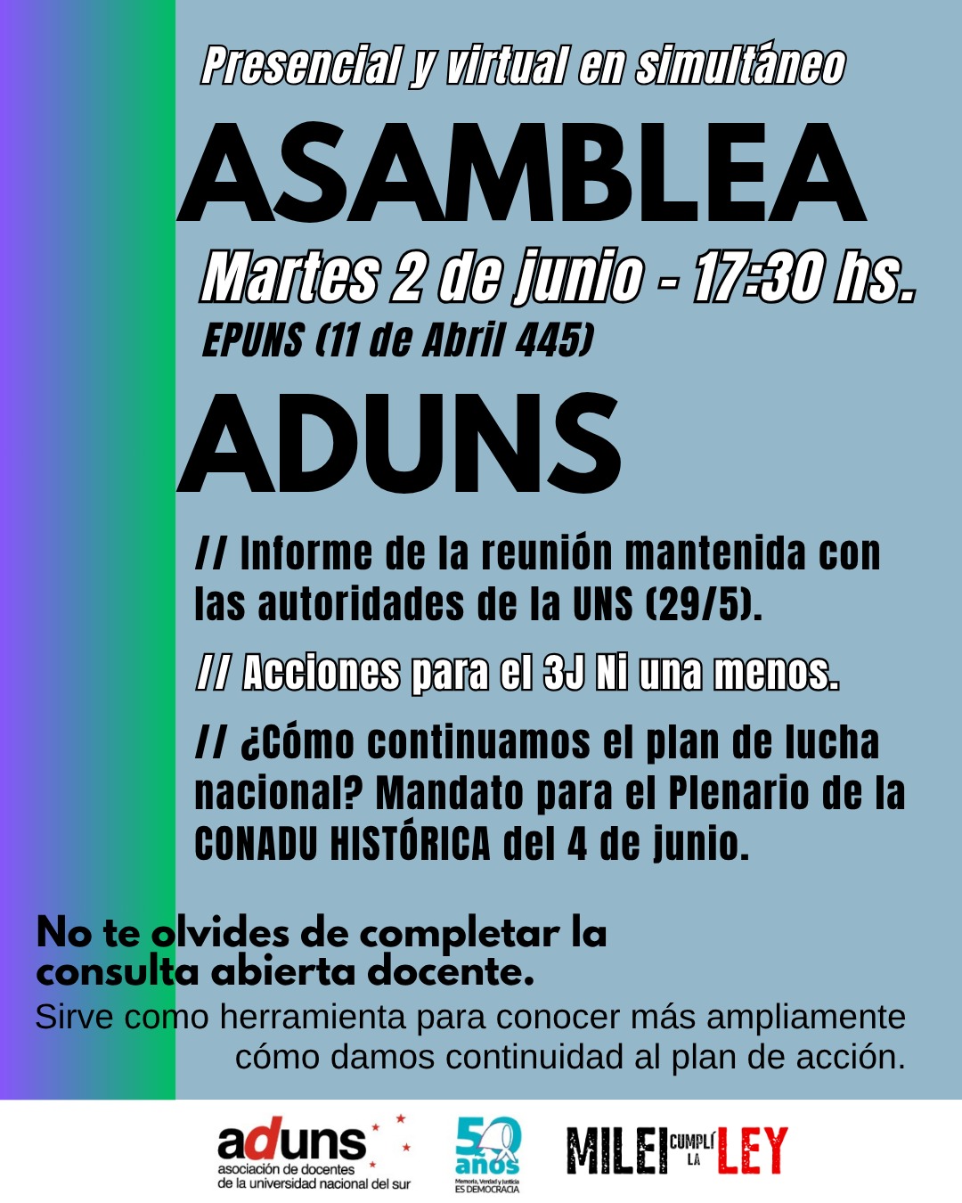 ASAMBLEA ADUNS martes 2 de junio - 17:30 hs. - EPUNS (11 de Abril 445) Presencial y virtual por Zoom en simultáneo
