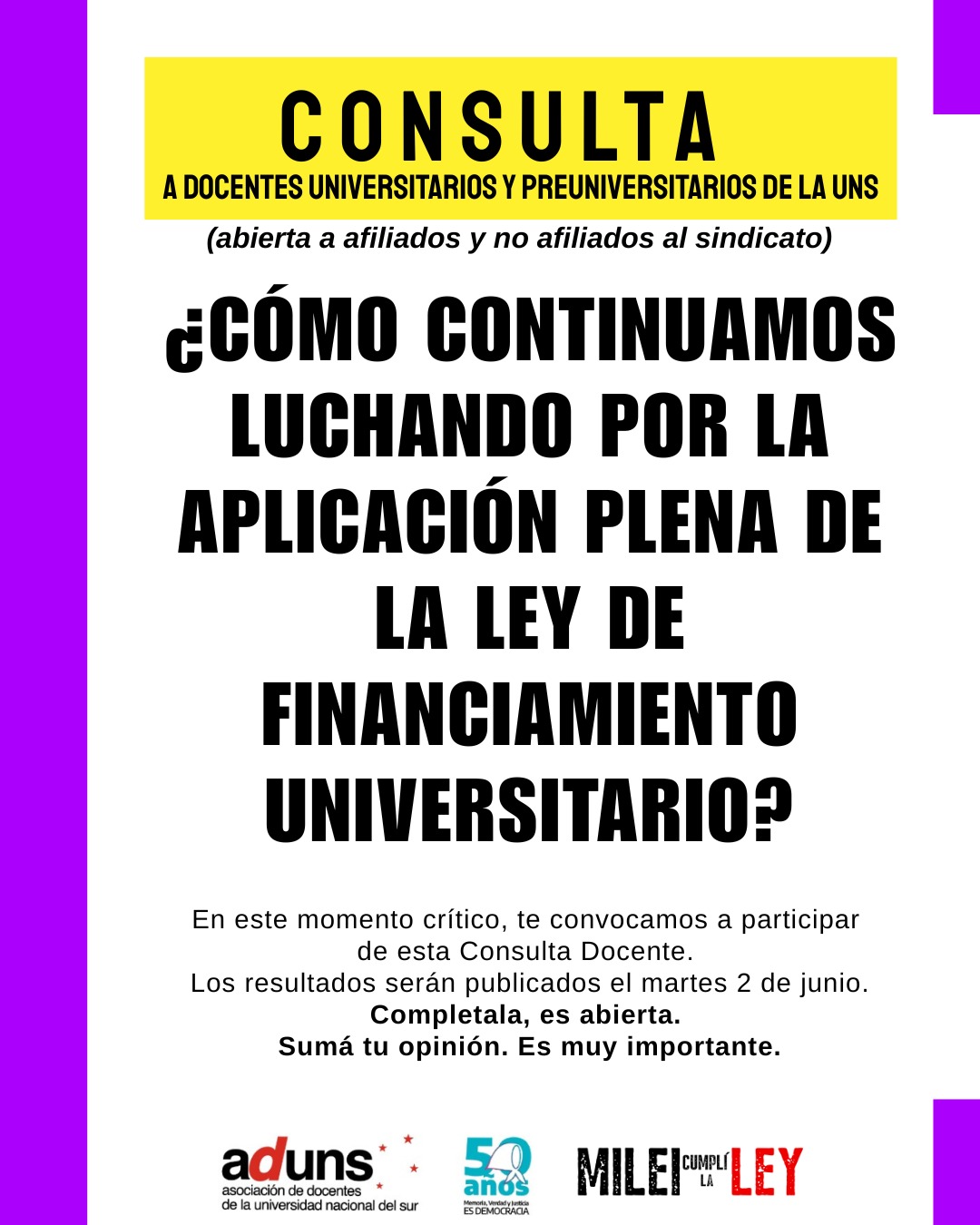 CÓMO CONTINUAMOS CON EL PLAN DE LUCHA PARA QUE CUMPLAN LA LEY Consulta a docentes universitarios y preuniversitarios de la UNS (abierta a afiliados y no afiliados a nuestro sindicato)
