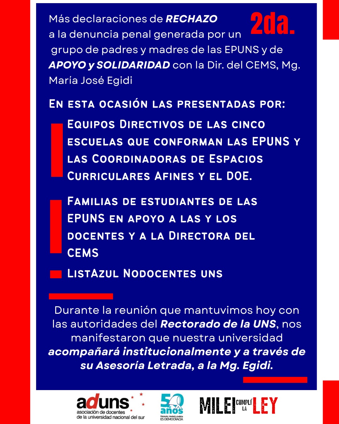 Más declaraciones de RECHAZO a la denuncia penal