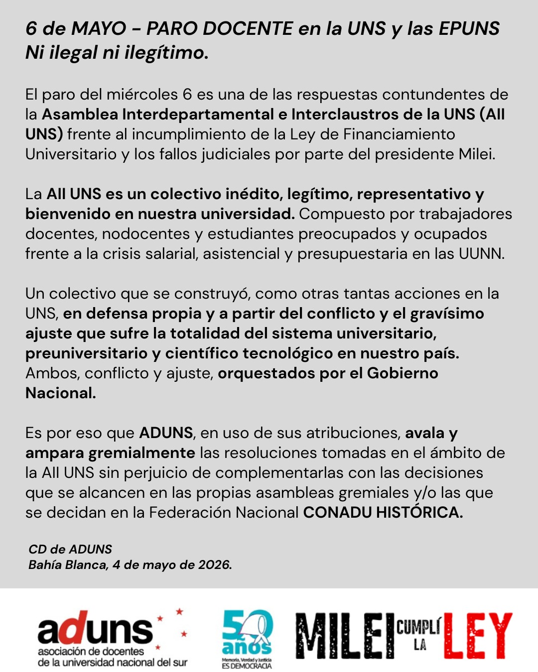 6 de MAYO - PARO DOCENTE en la UNS y las EPUNS. Ni ilegal ni ilegítimo