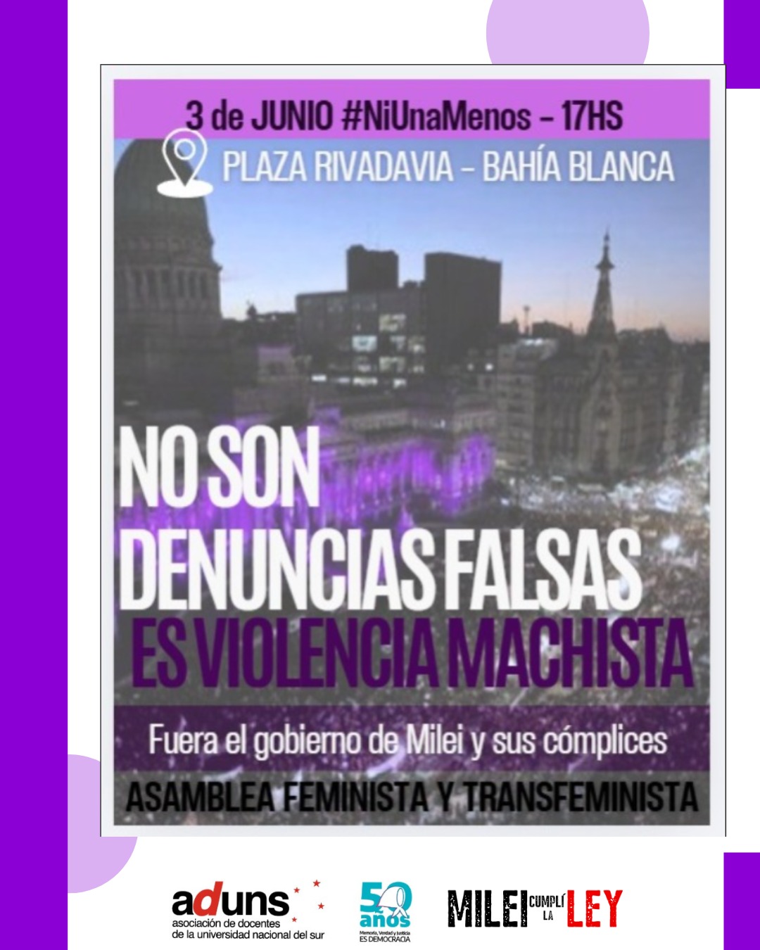 3J Ni una menos en Bahía Blanca + ADUNS resolvió el cese de actividades a partir de las 17 hs.