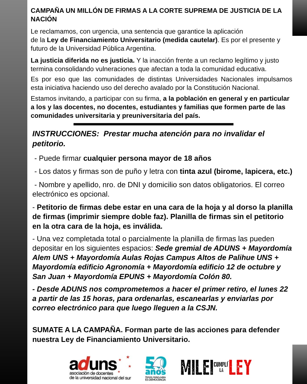 CAMPAÑA UN MILLÓN DE FIRMAS A LA CORTE SUPREMA DE JUSTICIA DE LA NACIÓN