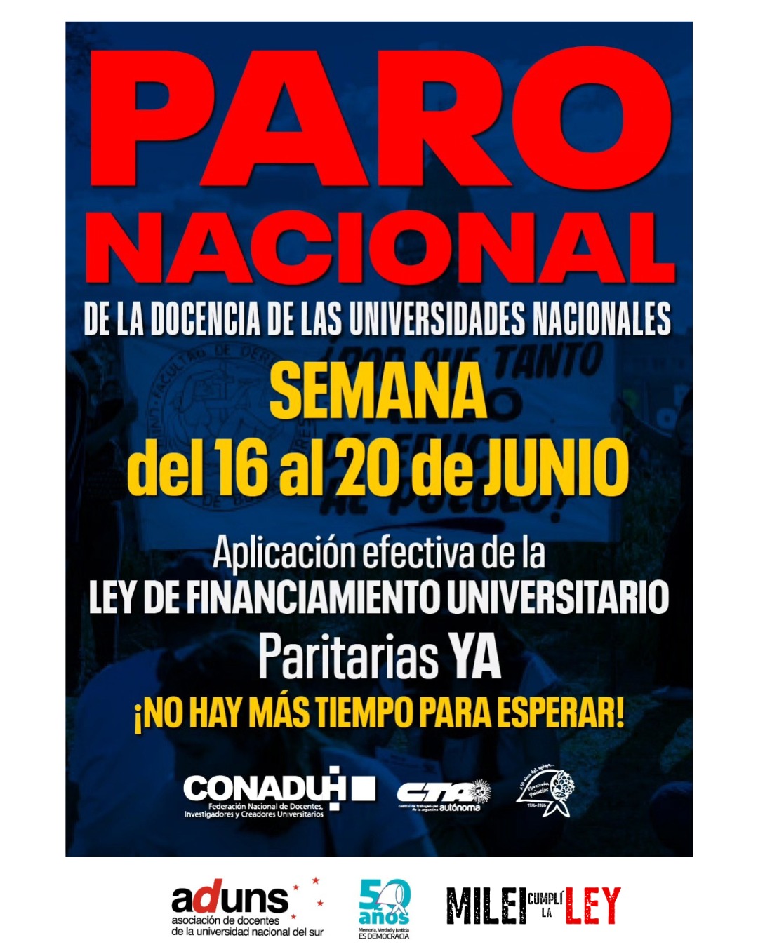 SI LA LEY DE FINANCIAMIENTO NO SE APLICA EL PLAN DE LUCHA NO CESA - Paro docente del 16 al 20 de junio
