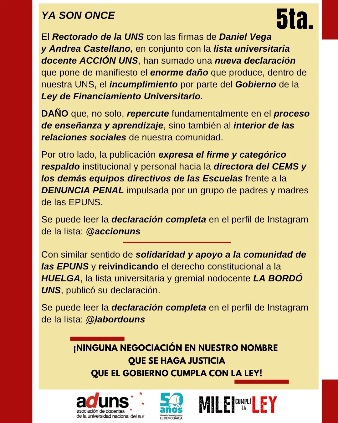 YA SON ONCE MÁS DECLARACIONES DE APOYO