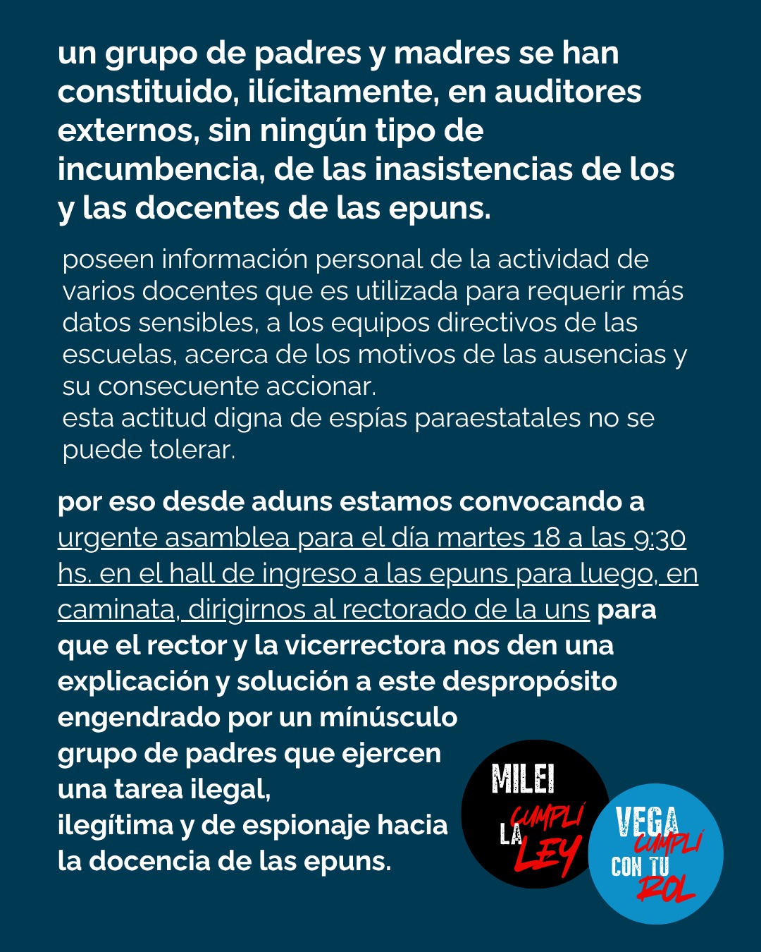 ANTE LAS TAREAS DE ESPIONAJE Y AUDITORÍA EN LAS EPUNS: Urgente ASAMBLEA ADUNS - MARTES 18 - 9:30 hs - Hall de ingreso de las EPUNS (11 de Abril 445)