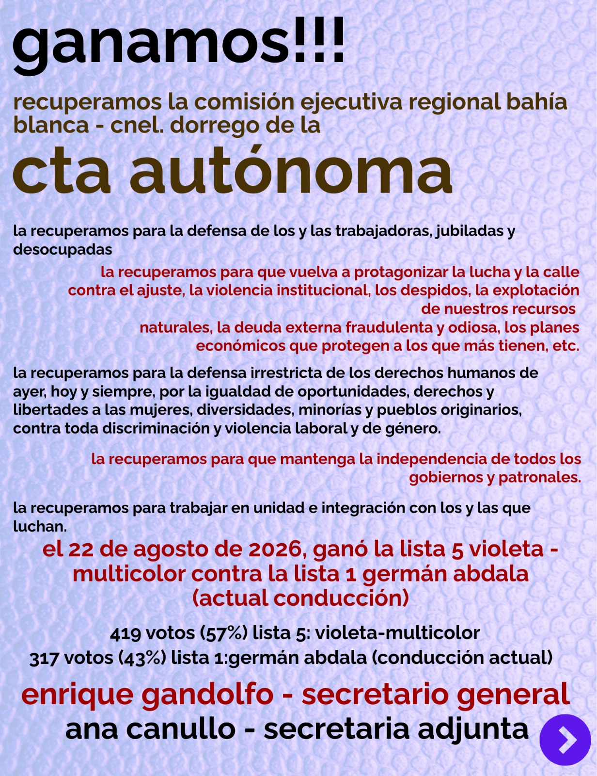GANAMOS y RECUPERAMOS la CTA Autónoma Bahía Blanca - Cnel. Dorrego. Gran perfomance de las mesas de votación de ADUNS