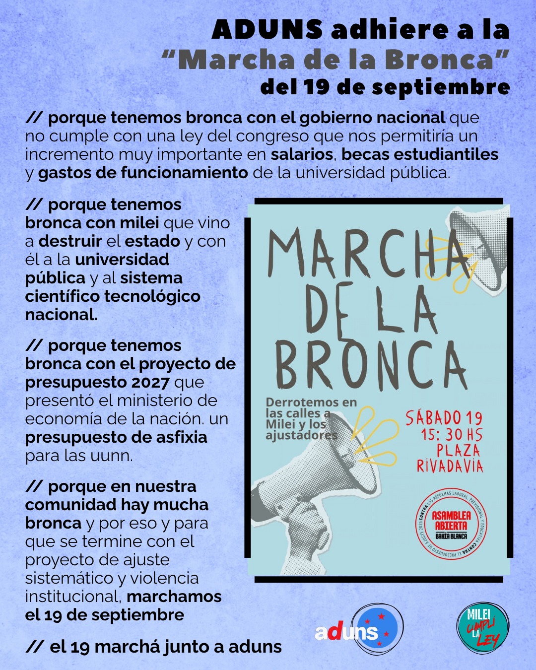 El 19 de septiembre, ADUNS, marcha.