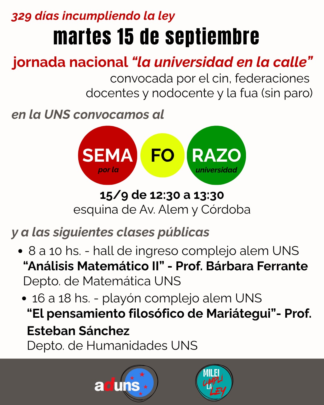 Mañana - 15/9 - SEMAFORAZO y CLASES PÚBLICAS