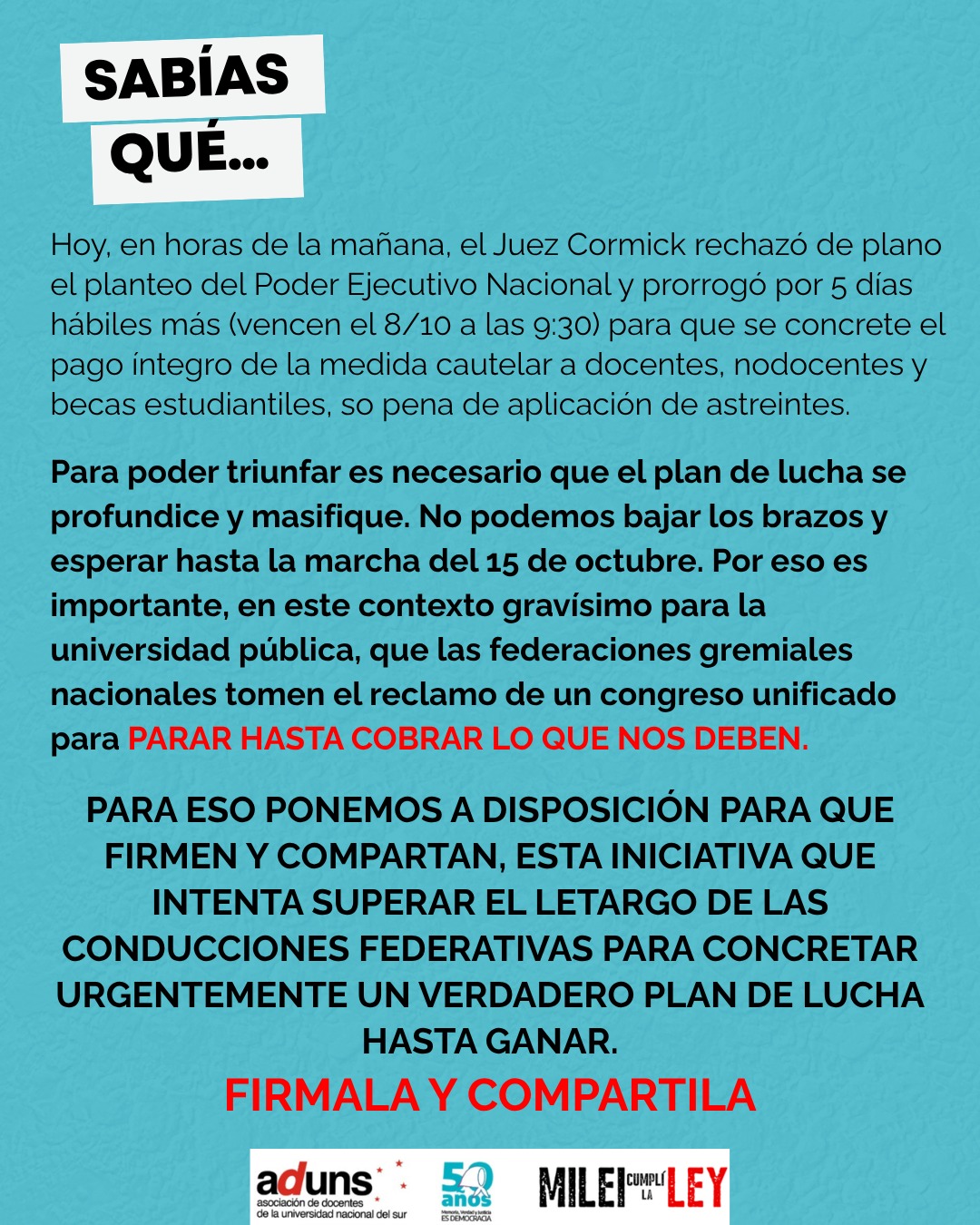 APOYO EL RECLAMO DE UN CONGRESO UNIFICADO DE DELEGADOS/AS DE BASE DE CONADU y CONADU HISTÓRICA