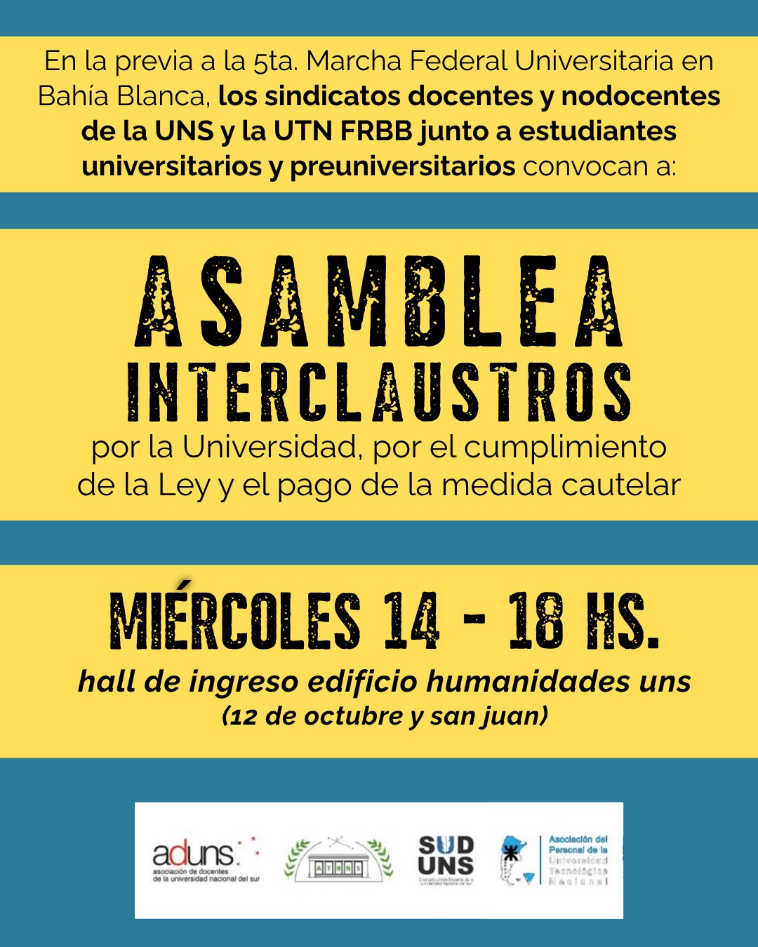 ASAMBLEA INTERCLAUSTROS - MIÉRC. 14 - 18 hs. - Hall de Humanidades