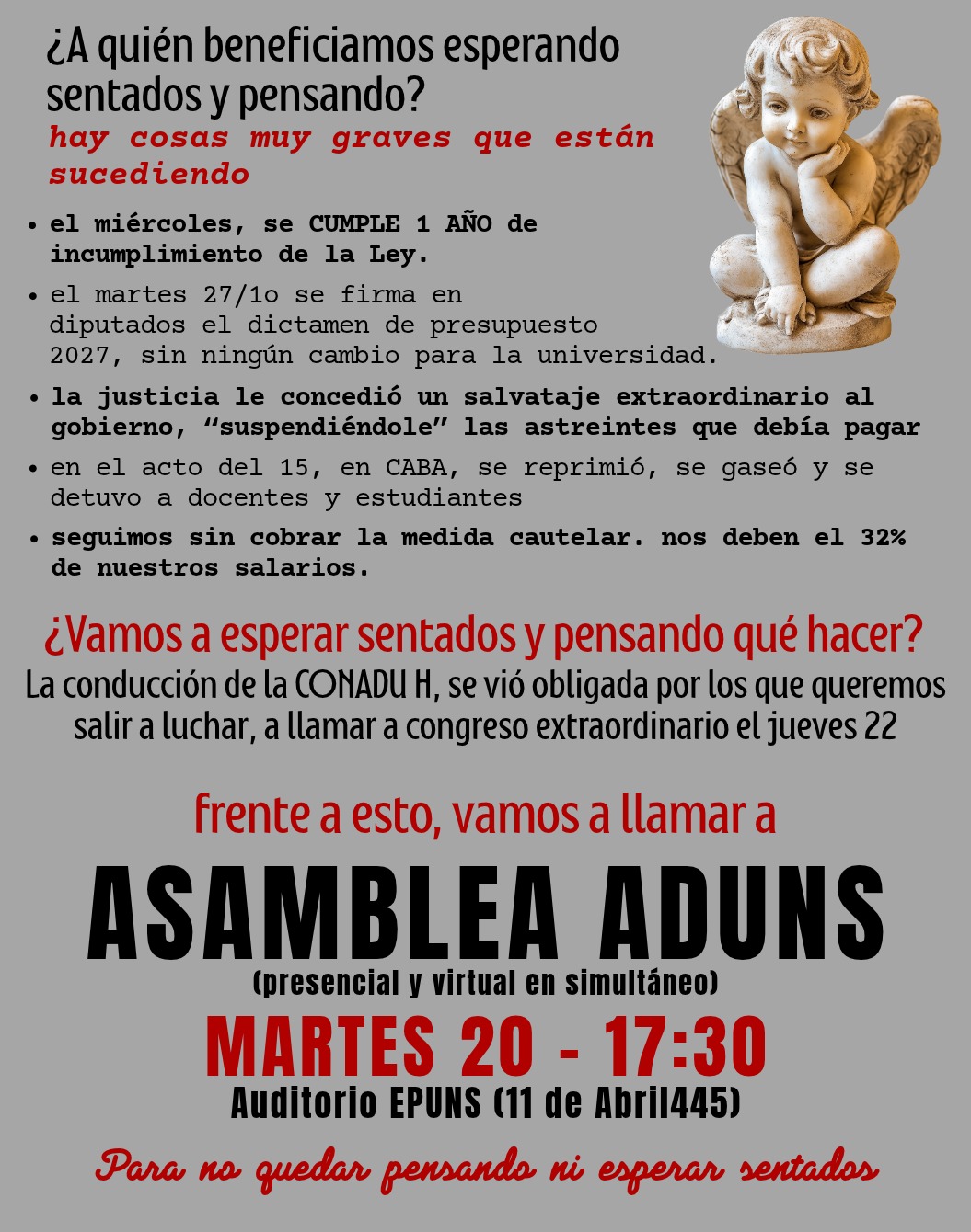 Convocamos a ASAMBLEA ADUNS, para no quedarnos sentados y pensando