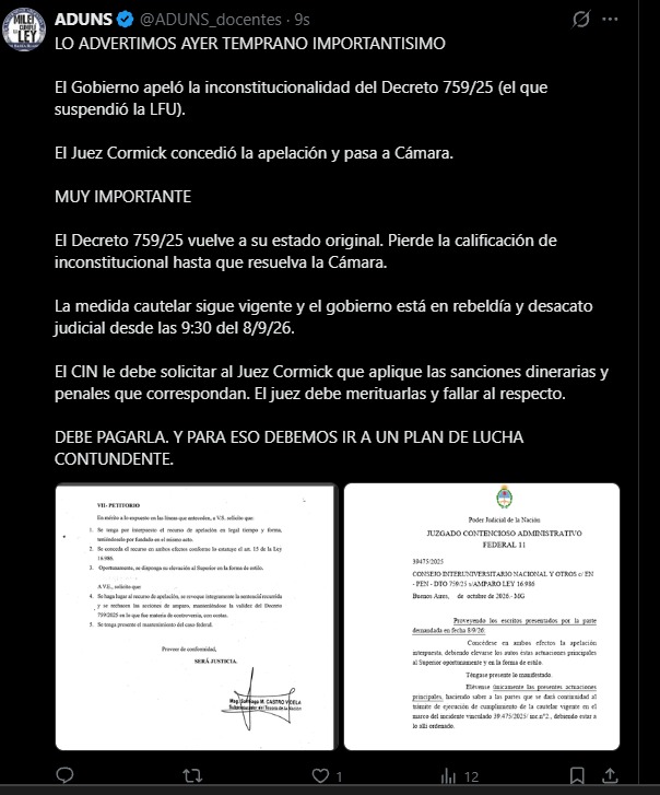 GOBIERNO APELÓ AMPARO. DECRETO 759/25 PIERDE INCONSTITUCIONALIDAD. LA CAUTELAR ESTÁ VIGENTE. GOBIERNO EN REBELDÍA, DEBE PAGARLA