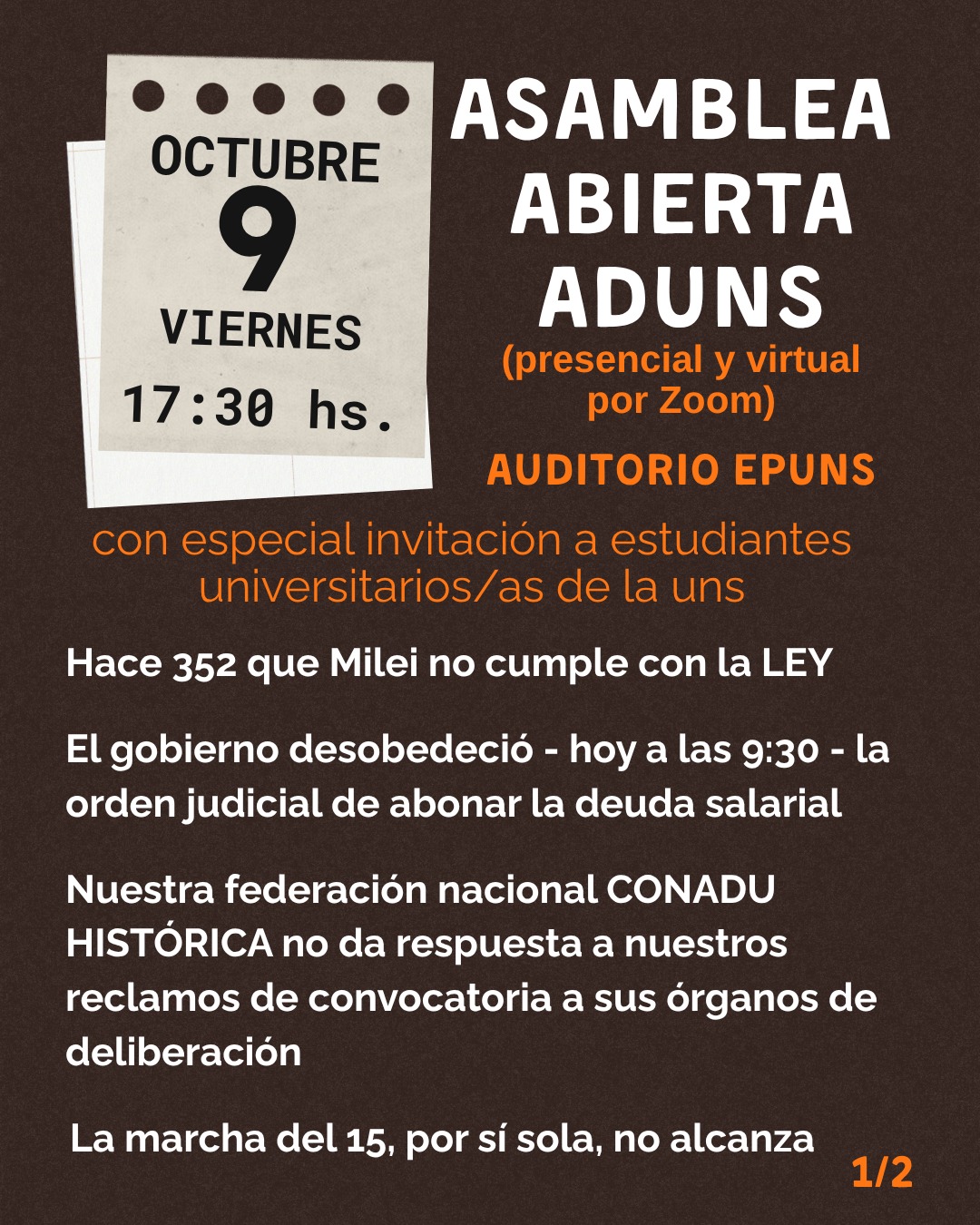 IMPORTANTE y URGENTE!!! ASAMBLEA ABIEWRTA ADUNS HOY 9 DE OCTUBRE
